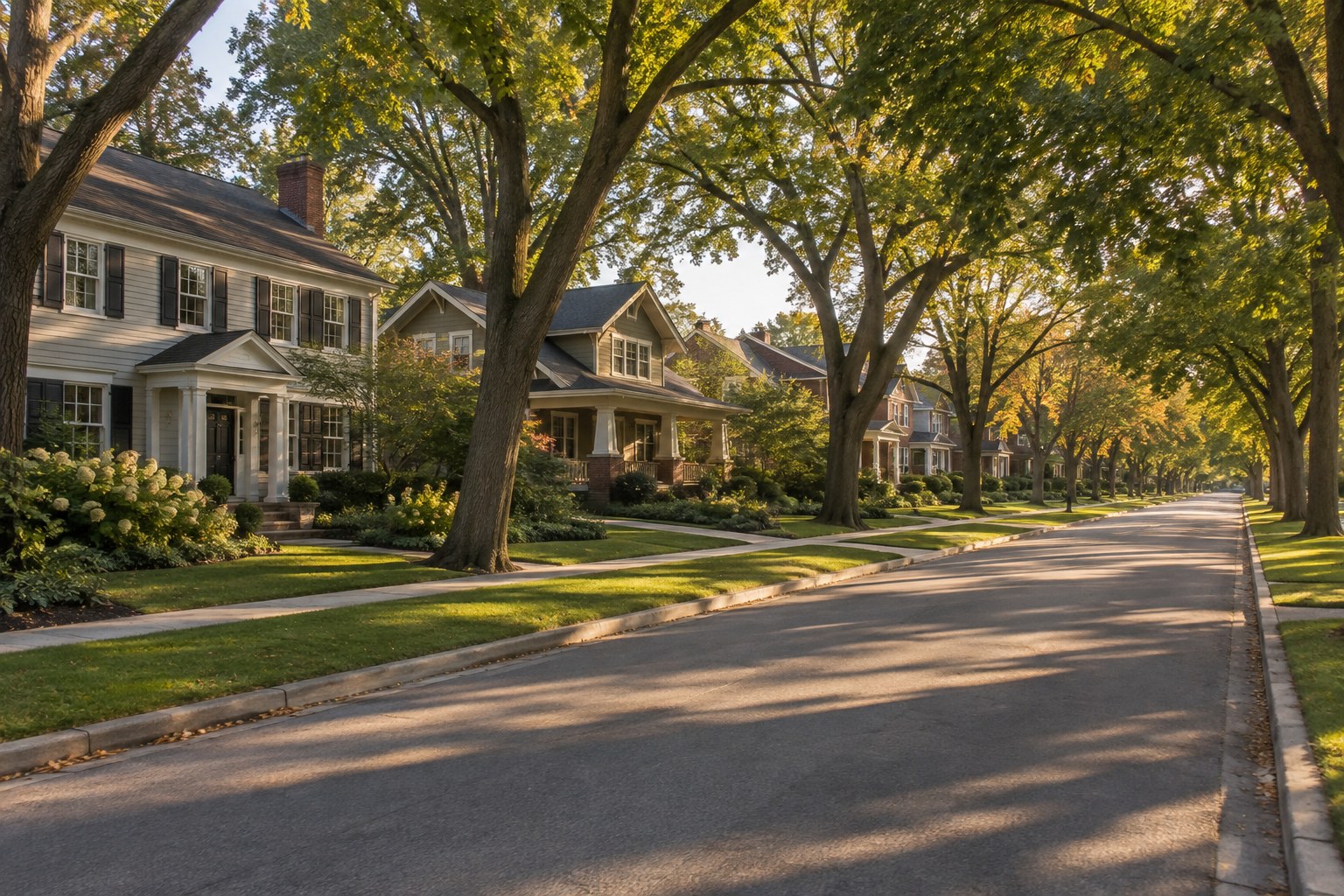 A tree lined Chicago western-suburbs residential street, illustrative