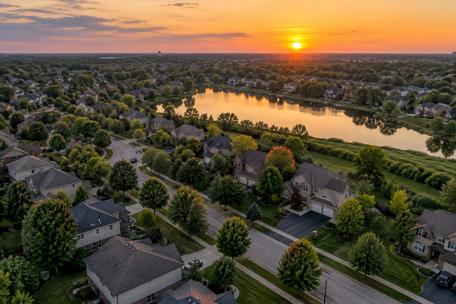 A Chicago-suburb street at sunset, illustrative