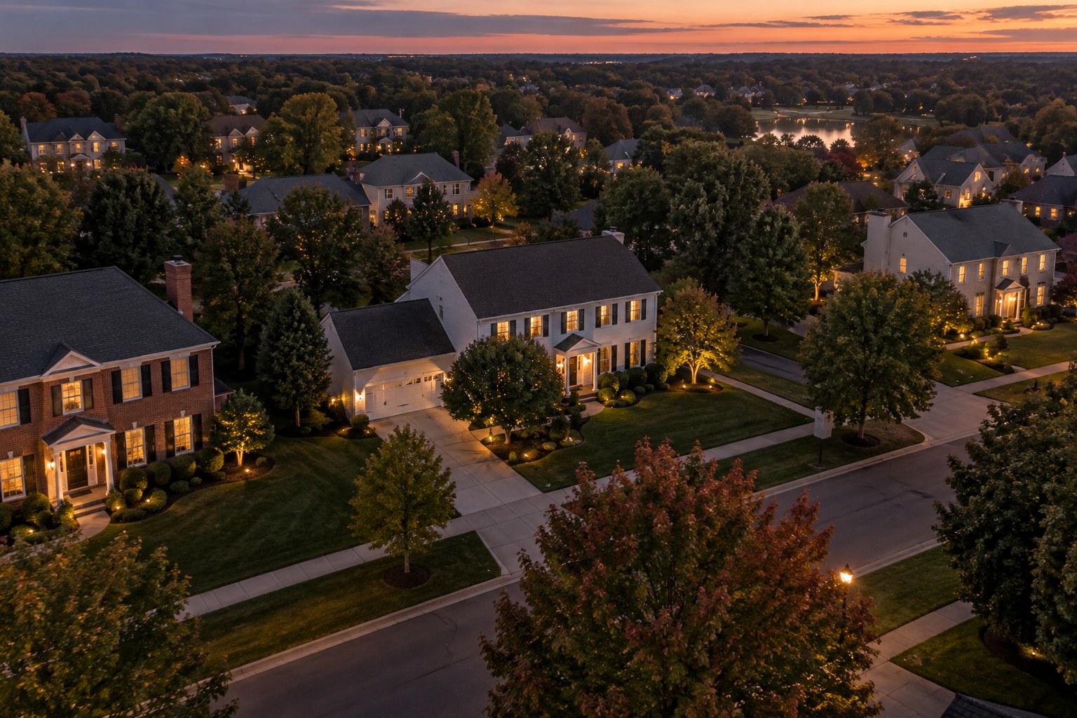 A Chicago-suburb home exterior at dusk, illustrative
